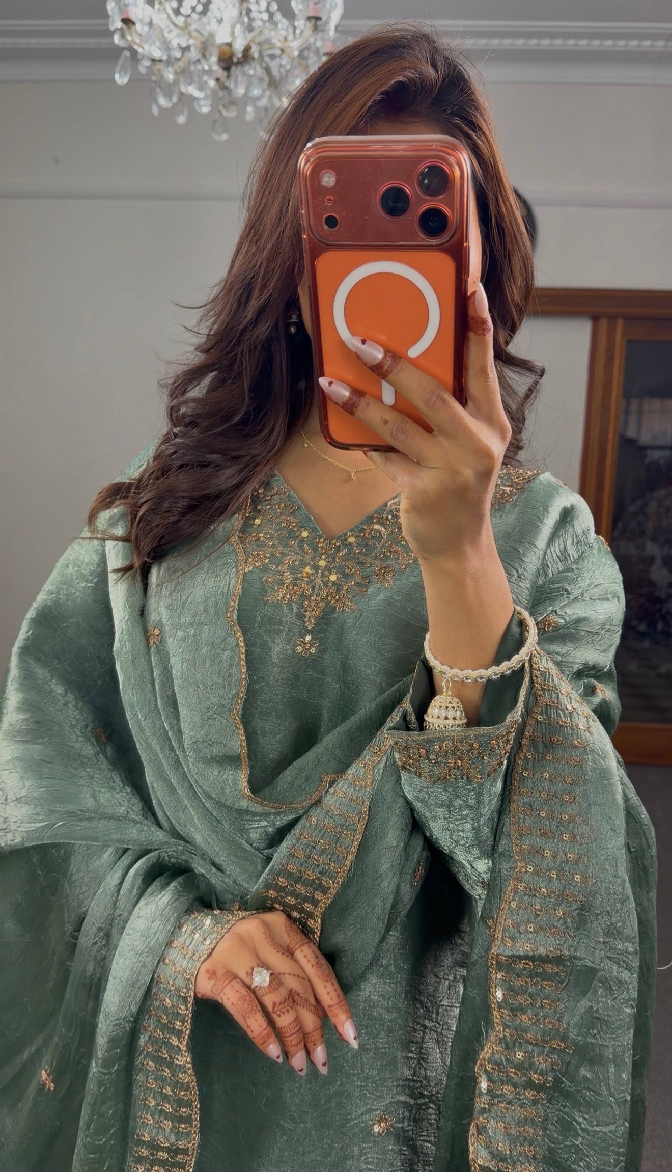 Sage green crushed silk three-piece palazzo kurti set with gold zari embroidery hem band and matching sequin dupatta — — view 2
