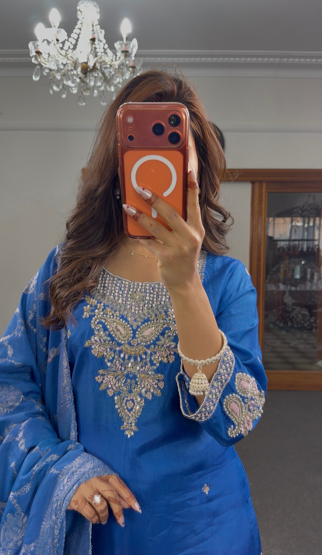 Cobalt blue raw silk kurti set with zari kundan embroidery and Banarasi silk dupatta — Behuli Australia — view 2