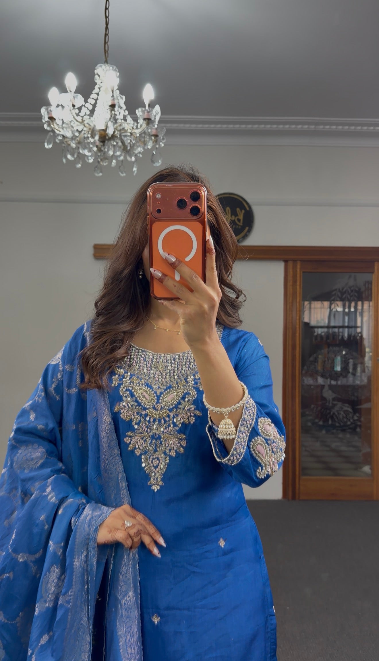 Cobalt blue raw silk kurti set with zari kundan embroidery and Banarasi silk dupatta — Behuli Australia — view 3