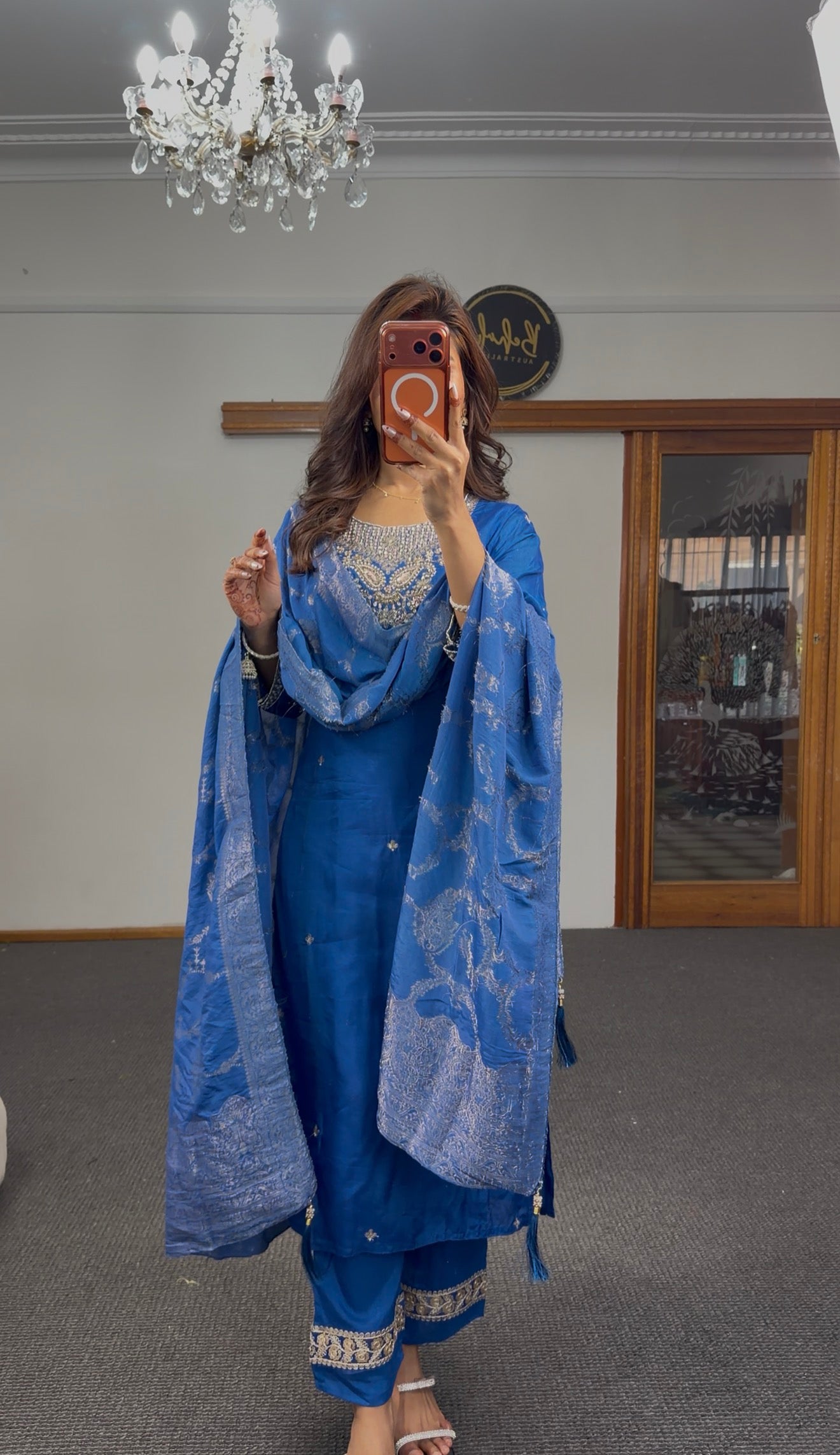 Cobalt blue raw silk kurti set with zari kundan embroidery and Banarasi silk dupatta — Behuli Australia — view 4