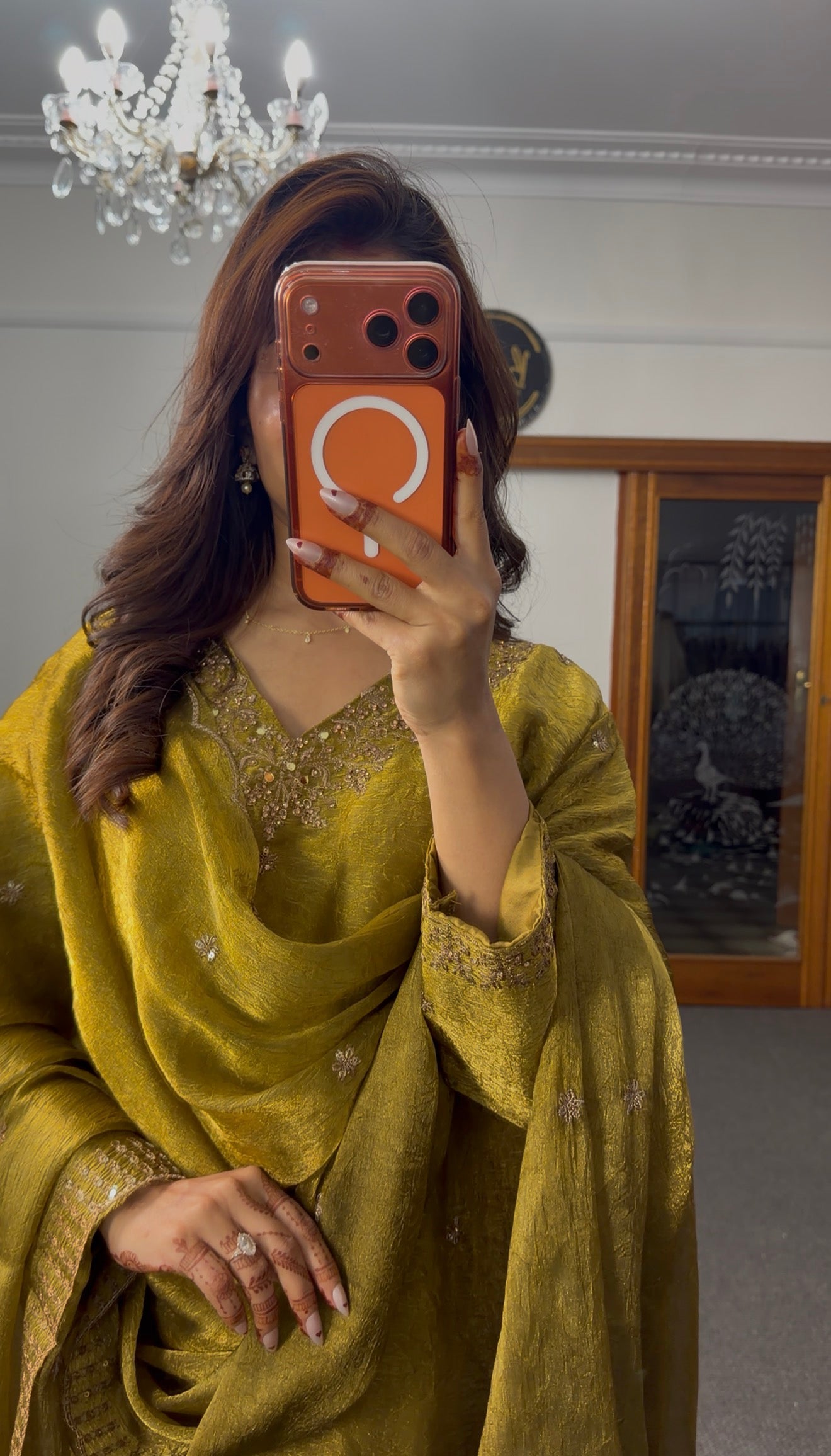 Olive green raw silk palazzo suit set with zari beadwork embroidery and matching organza dupatta — Behuli Australia — view 4