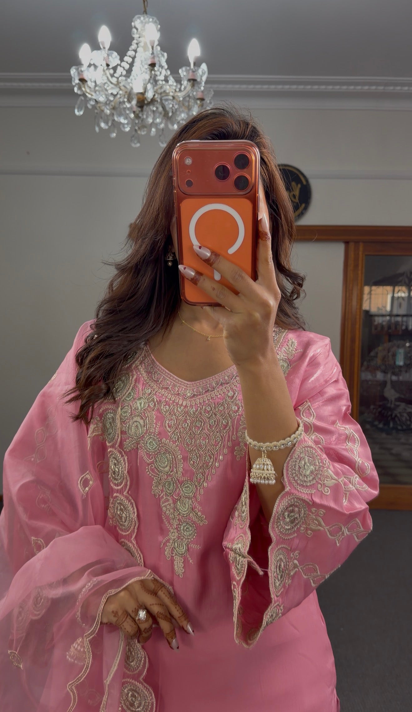 Blush pink satin kurti set with gold zari embroidery, bell sleeves and scalloped organza dupatta — Behuli Australia — view 2