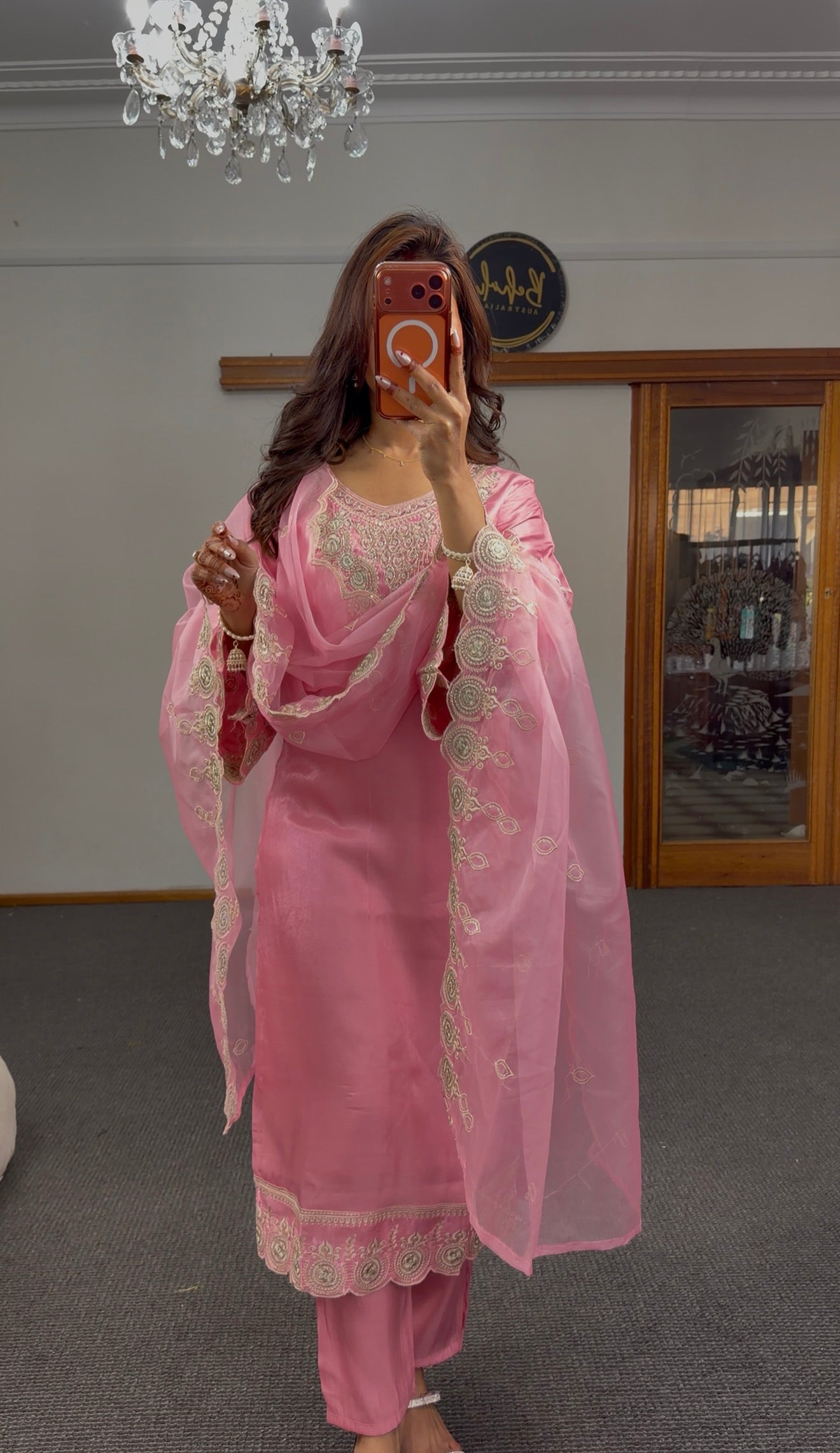 Blush pink satin kurti set with gold zari embroidery, bell sleeves and scalloped organza dupatta — Behuli Australia — view 3