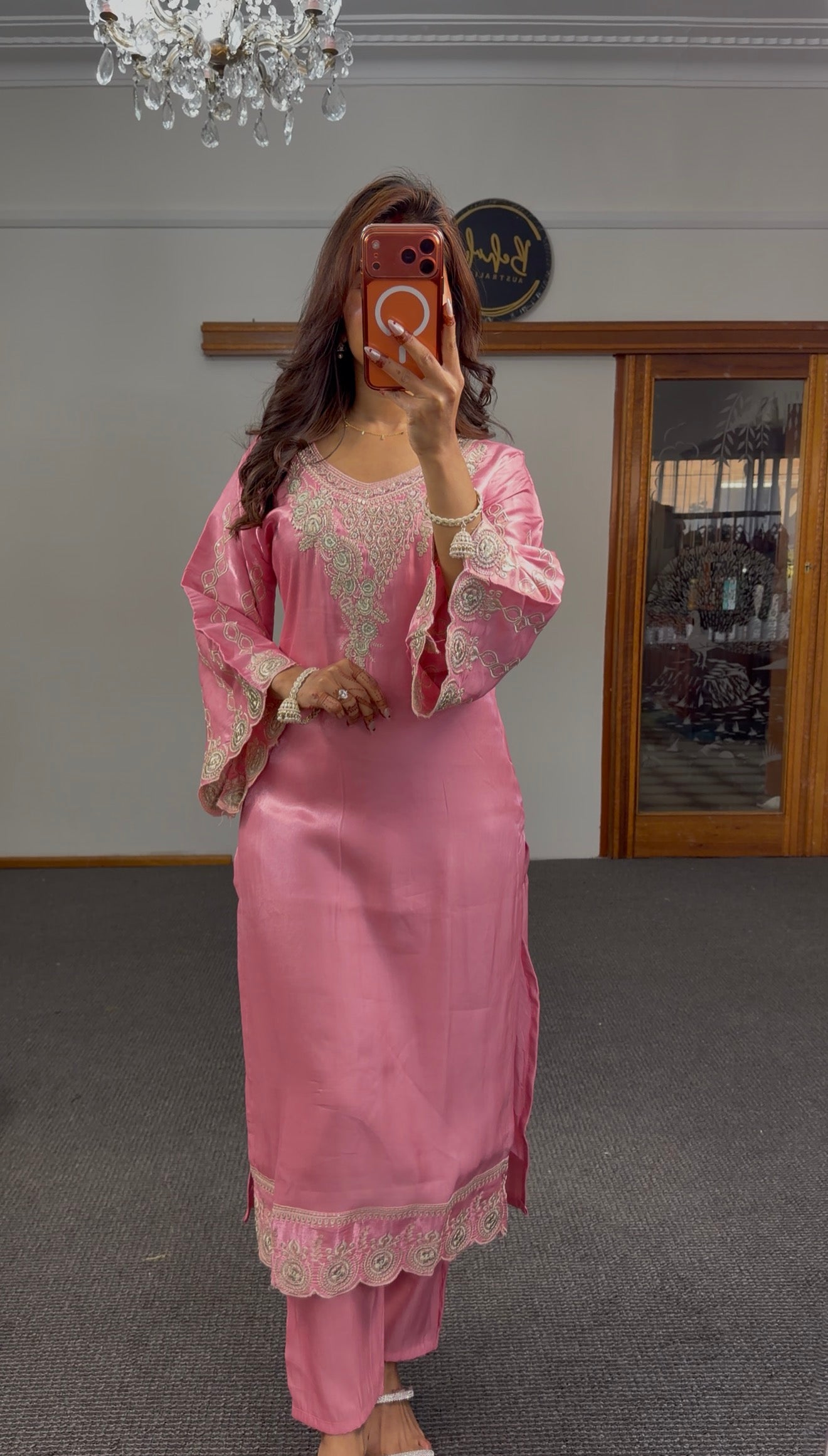 Blush pink satin kurti set with gold zari embroidery, bell sleeves and scalloped organza dupatta — Behuli Australia — view 4