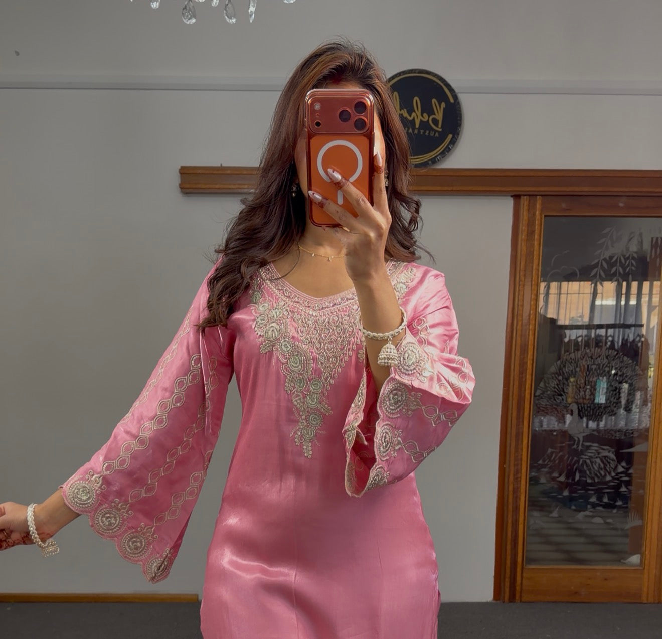 Blush pink satin kurti set with gold zari embroidery, bell sleeves and scalloped organza dupatta — Behuli Australia — view 5