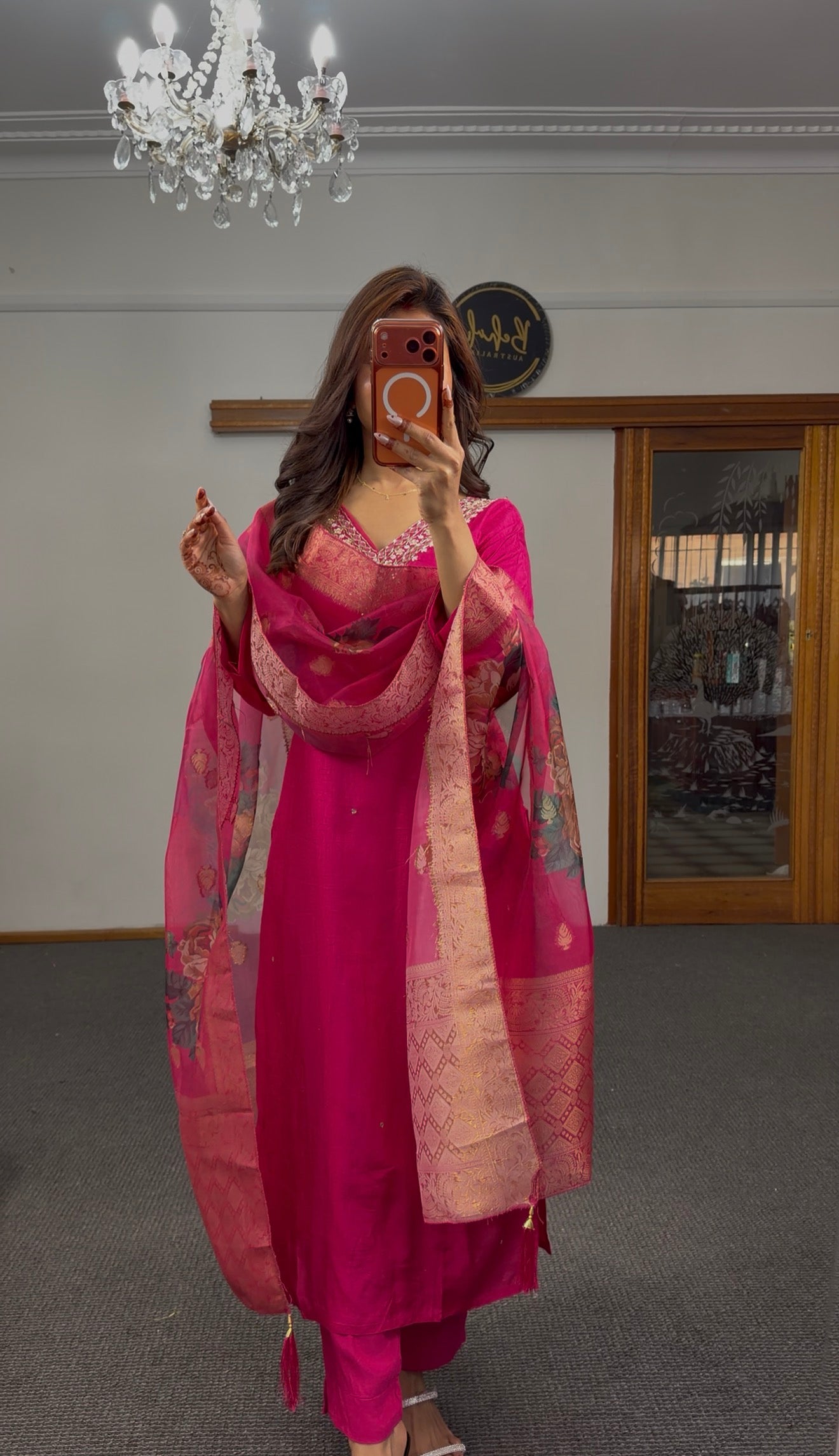Fuchsia raw silk kurti set with zari resham embroidered neckline and organza floral print Banarasi dupatta — Behuli Australia — view 3