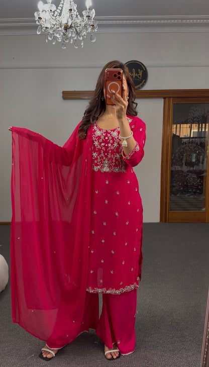Fuchsia georgette palazzo suit set with silver zari embroidery, beadwork bodice and matching chiffon dupatta — Behuli