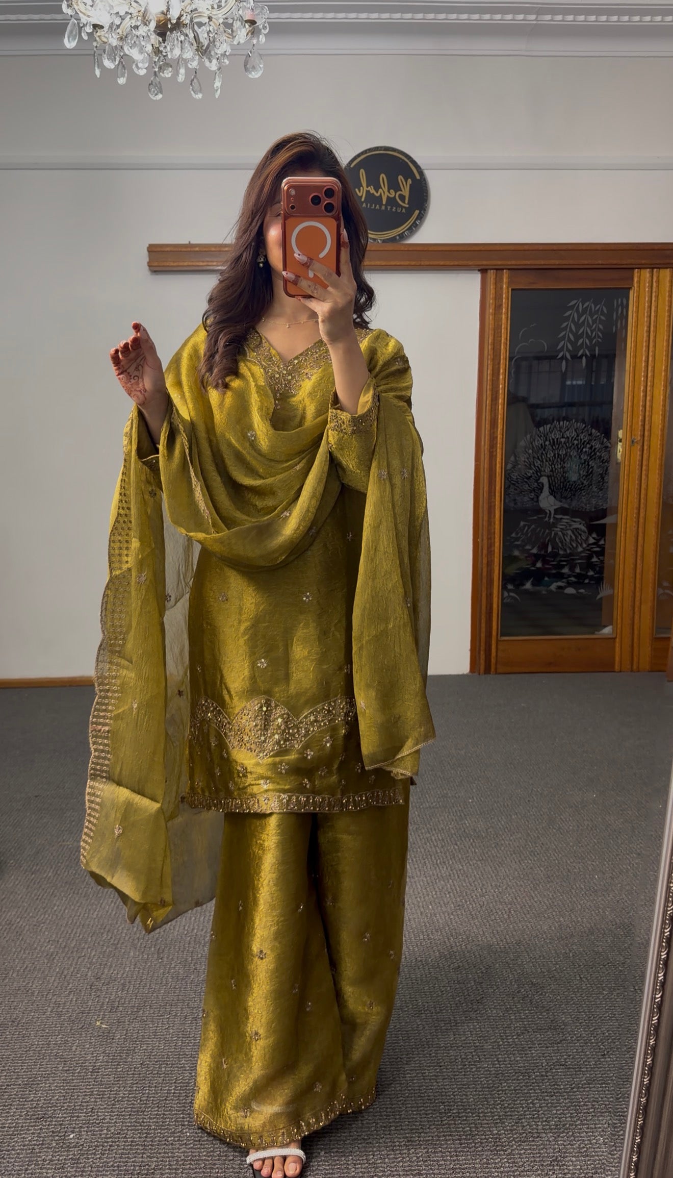Olive green raw silk palazzo suit set with zari and beadwork embroidery, sheer organza dupatta and wide-leg pants — Behuli — view 3