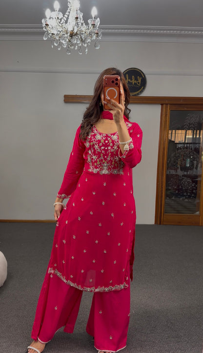 Fuchsia georgette palazzo suit set with silver zari embroidery, beadwork bodice and matching chiffon dupatta — Behuli — view 2