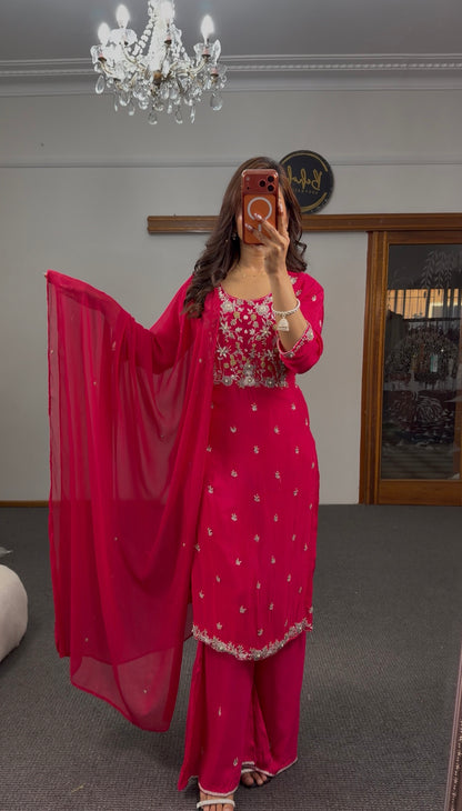 Fuchsia georgette palazzo suit set with silver zari embroidery, beadwork bodice and matching chiffon dupatta — Behuli — view 4