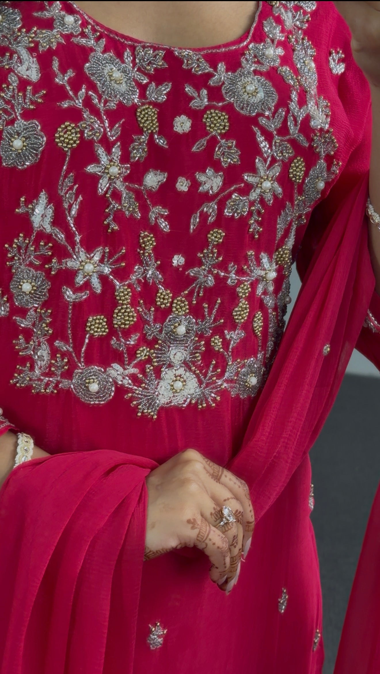 Fuchsia georgette palazzo suit set with silver zari embroidery, beadwork bodice and matching chiffon dupatta — Behuli — view 3