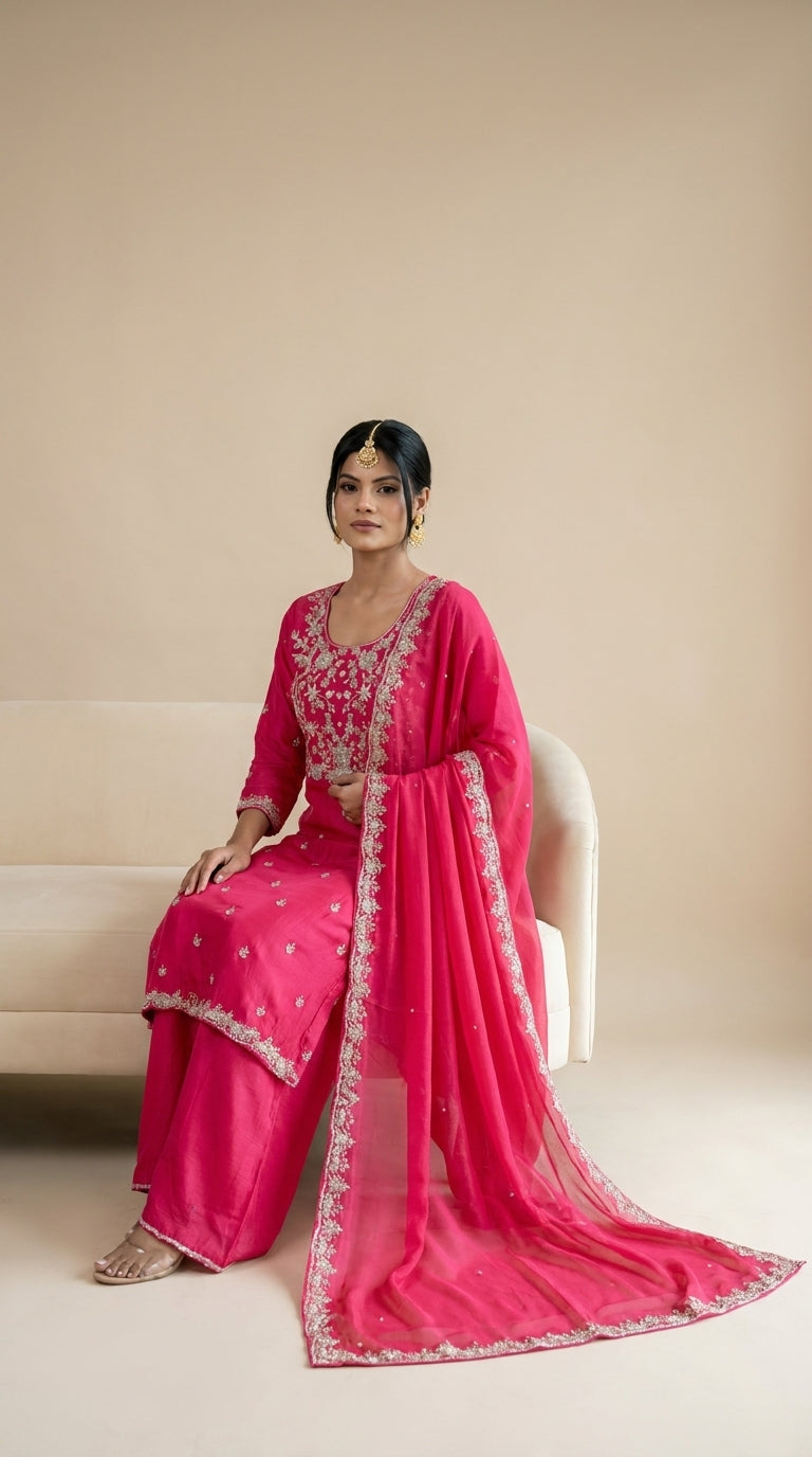 Fuchsia georgette palazzo suit set with silver zari embroidery, beadwork bodice and matching chiffon dupatta — Behuli — view 6