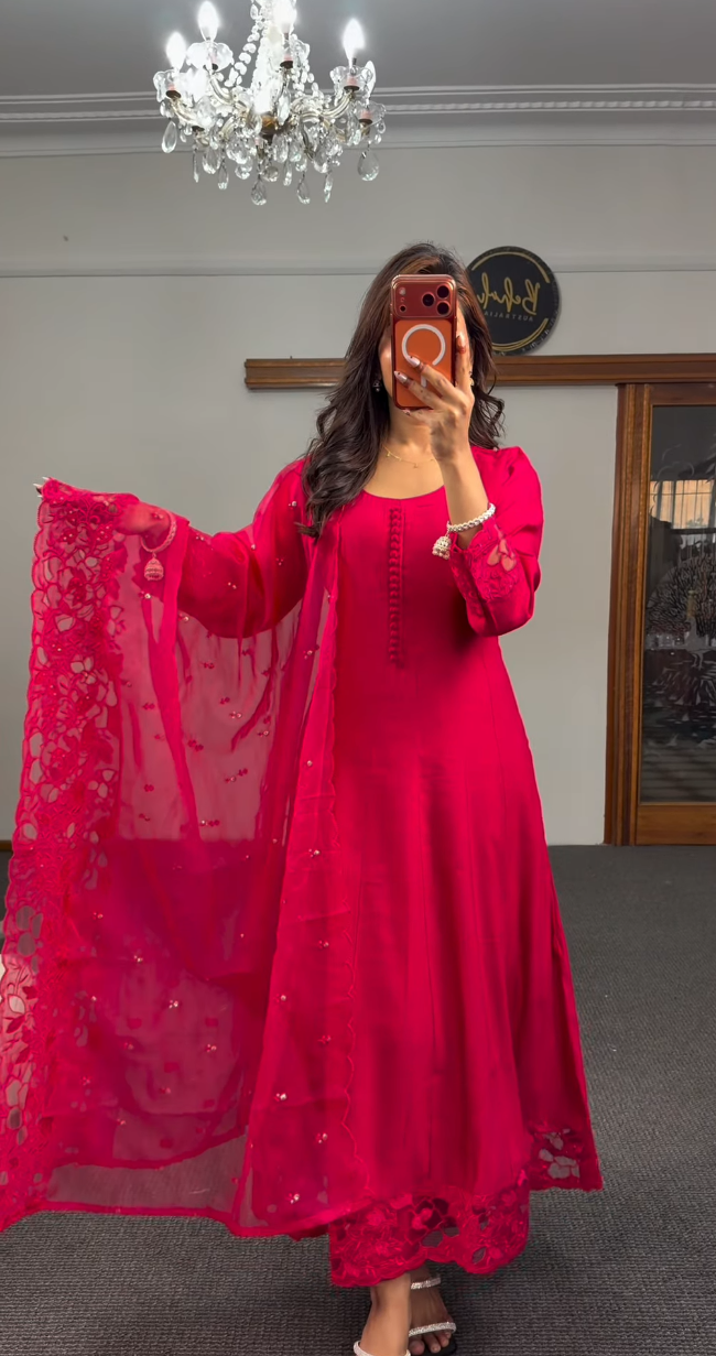 Fuchsia georgette Anarkali set with pintuck neckline and floral cutwork sequin net dupatta — Behuli Australia