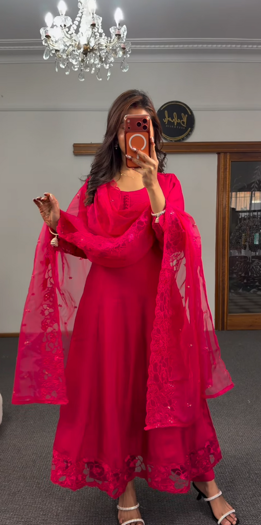 Fuchsia georgette Anarkali set with pintuck neckline and floral cutwork sequin net dupatta — Behuli Australia — view 2