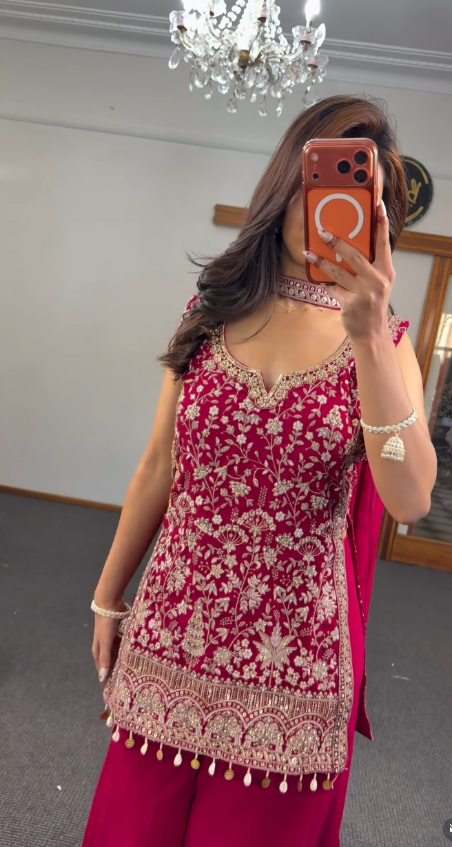 Fuchsia georgette sharara set with gold zari embroidery, sequin work and pearl tassel hem — Behuli Australia — view 3