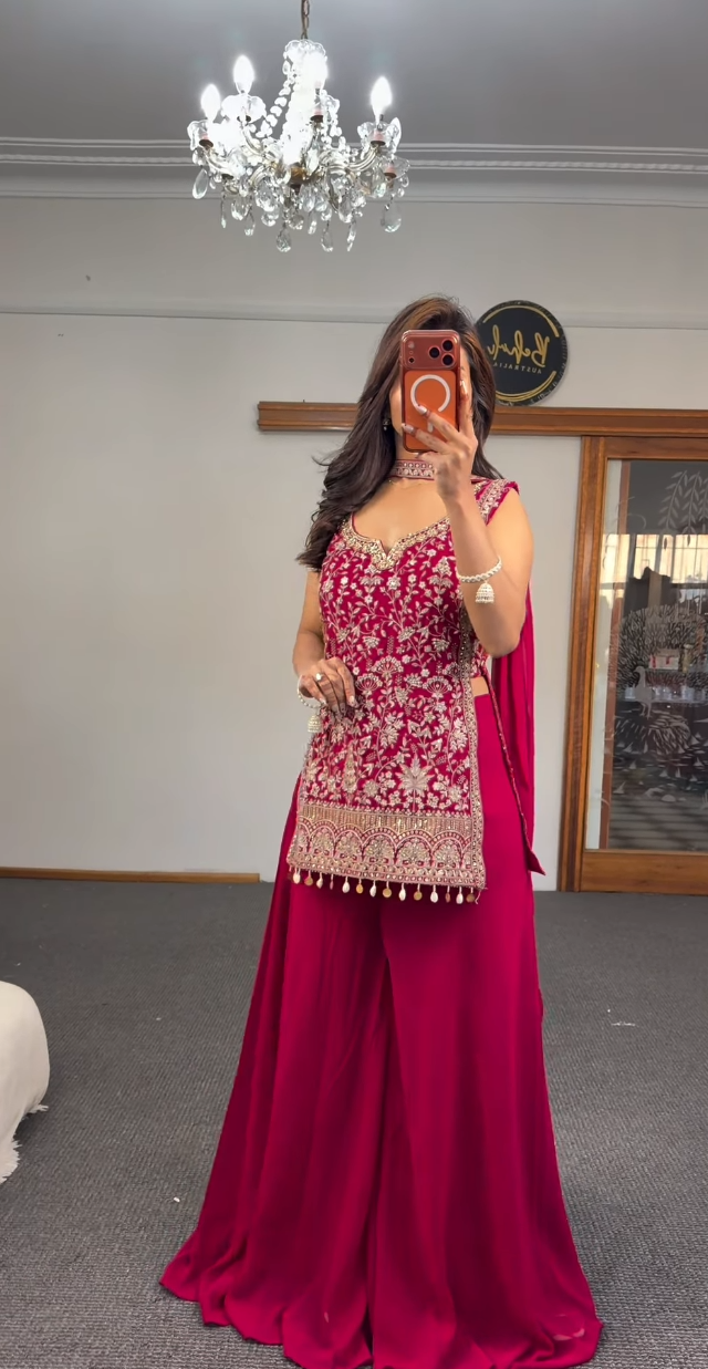 Fuchsia georgette sharara set with gold zari embroidery, sequin work and pearl tassel hem — Behuli Australia — view 2