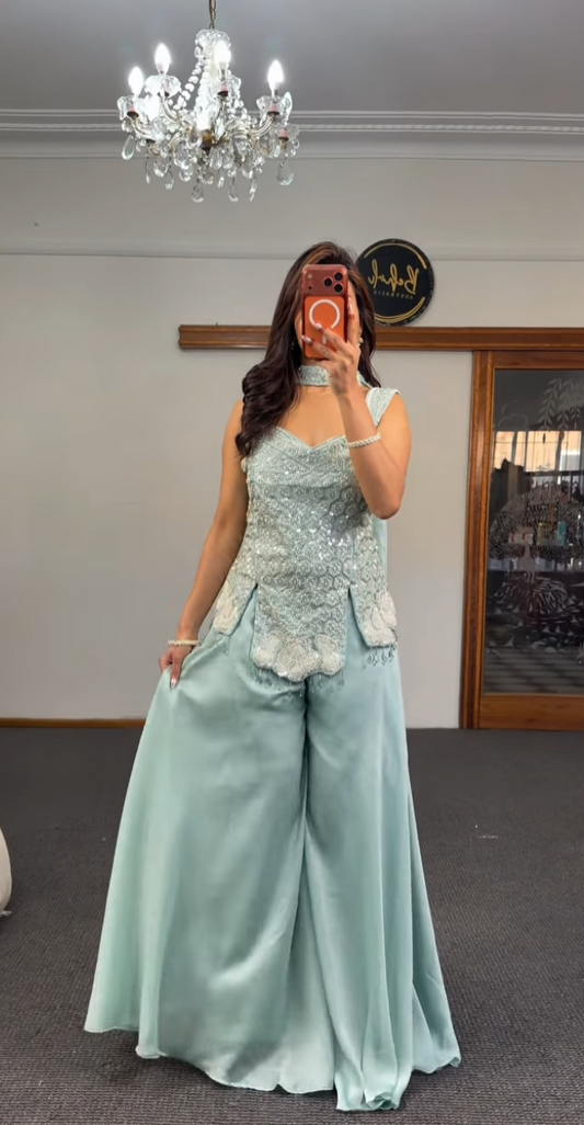 Mint green georgette palazzo suit set with heavy silver sequin and white resham scalloped embroidery — Behuli Australia — view 2