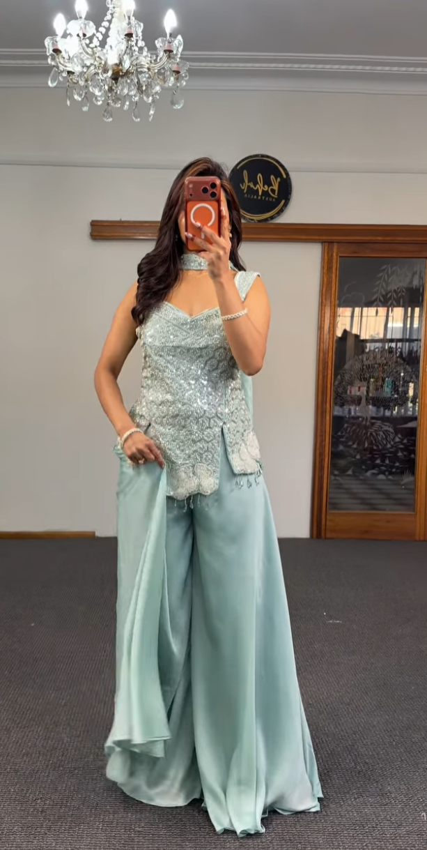 Mint green georgette palazzo suit set with heavy silver sequin and white resham scalloped embroidery — Behuli Australia — view 3