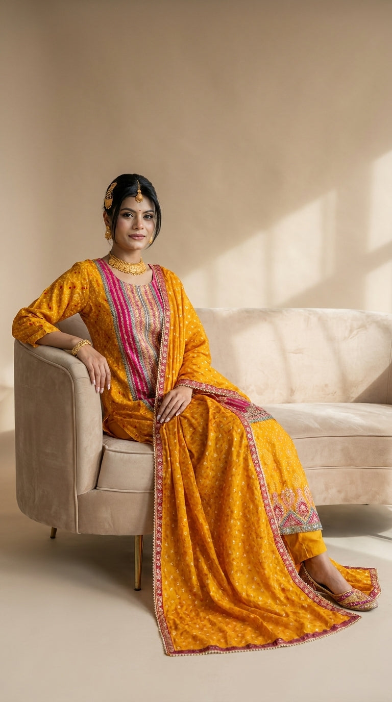 Mustard Bandhani cotton silk kurti set with multicolour zari border and fuchsia dupatta — Behuli Australia