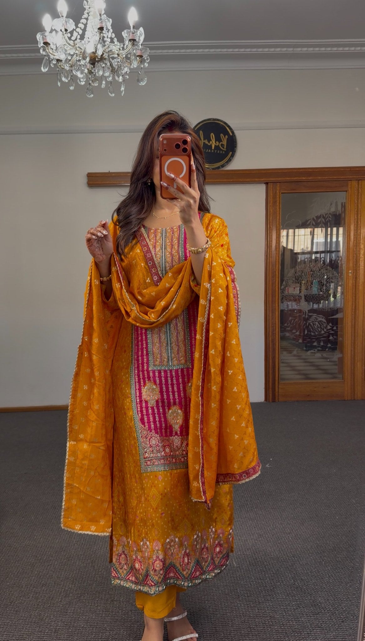 Mustard Bandhani cotton silk kurti set with multicolour zari border and fuchsia dupatta — Behuli Australia — view 3