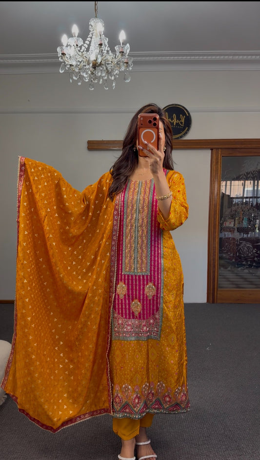 Mustard Bandhani cotton silk kurti set with multicolour zari border and fuchsia dupatta — Behuli Australia — view 2