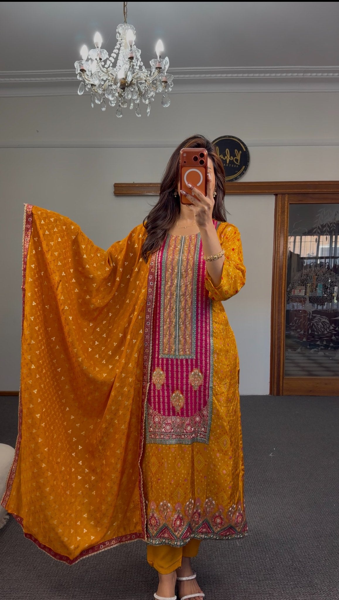 Mustard Bandhani cotton silk kurti set with multicolour zari border and fuchsia dupatta — Behuli Australia — view 2