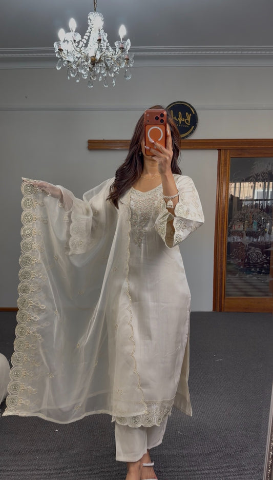 Ivory organza kurti set with gold zari scalloped embroidery and sheer dupatta displayed in mirror selfie — Behuli Australia
