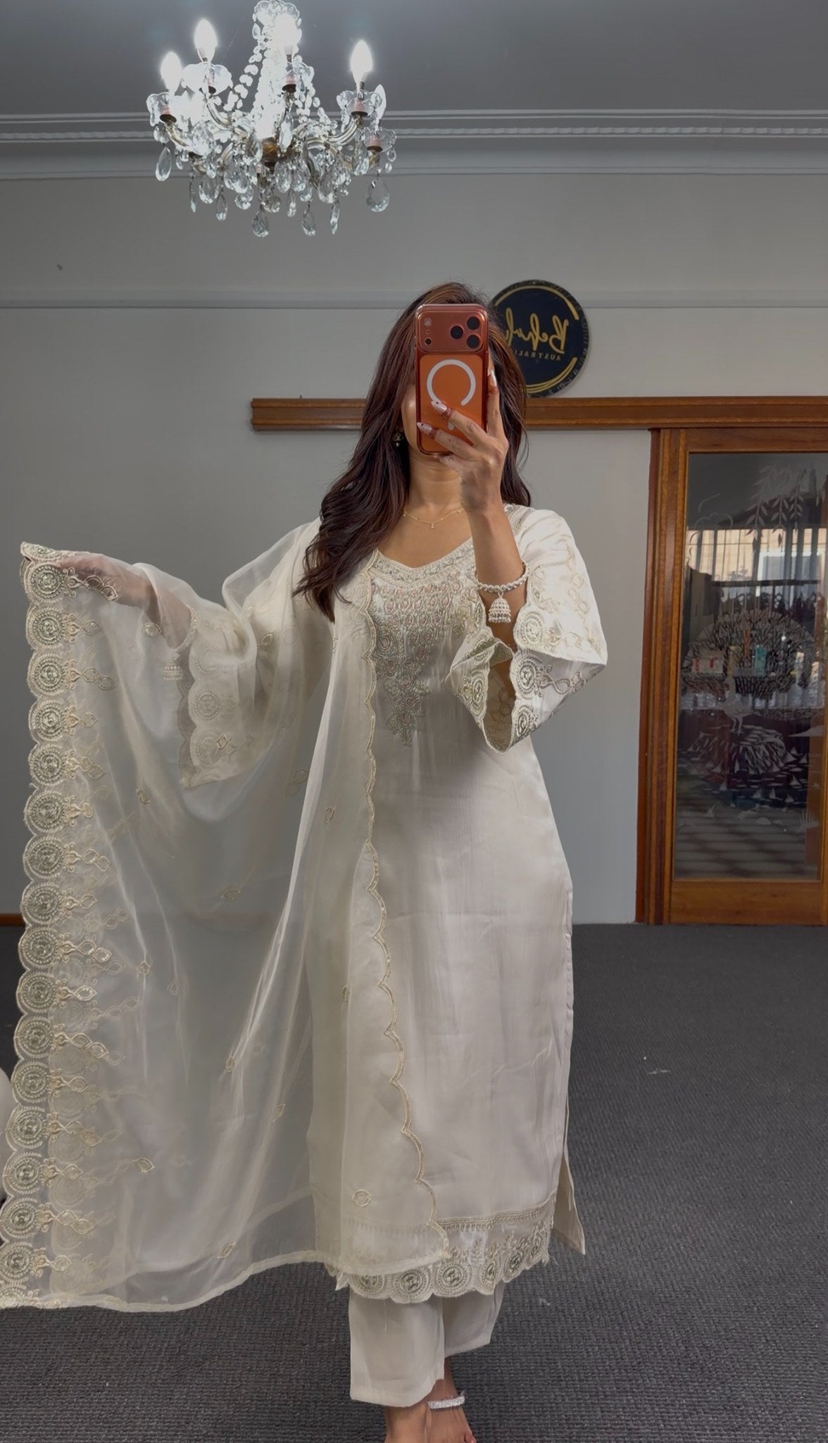 Ivory organza kurti set with gold zari scalloped embroidery and sheer dupatta displayed in mirror selfie — Behuli Australia — view 2