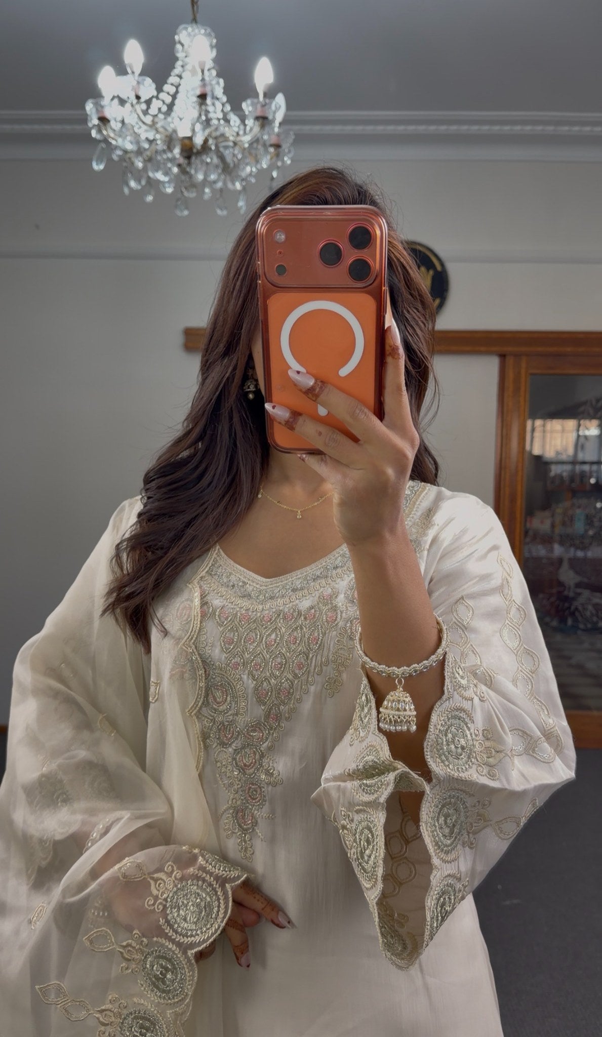 Ivory organza kurti set with gold zari scalloped embroidery and sheer dupatta displayed in mirror selfie — Behuli Australia — view 3