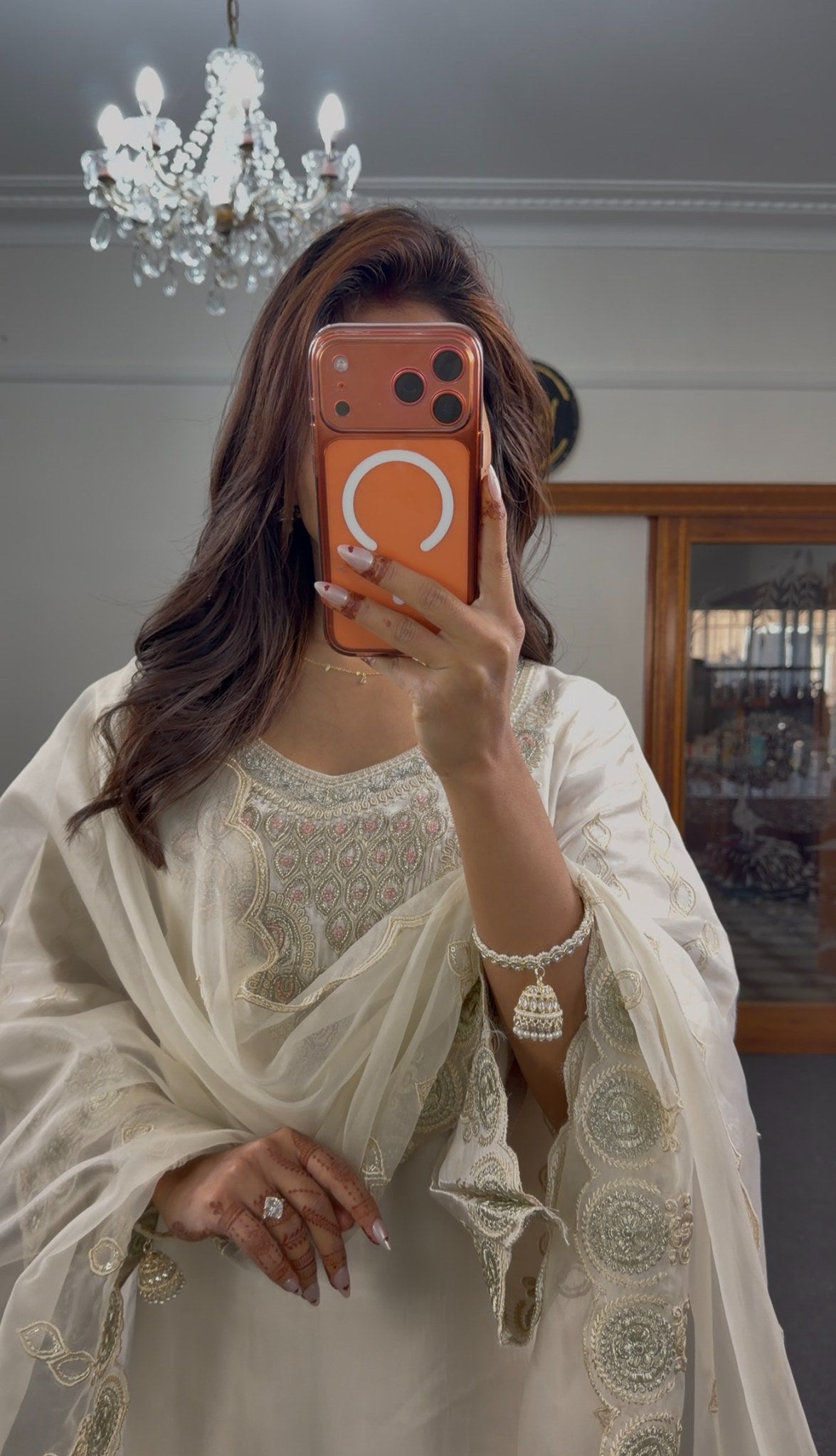 Ivory organza kurti set with gold zari scalloped embroidery and sheer dupatta displayed in mirror selfie — Behuli Australia — view 5