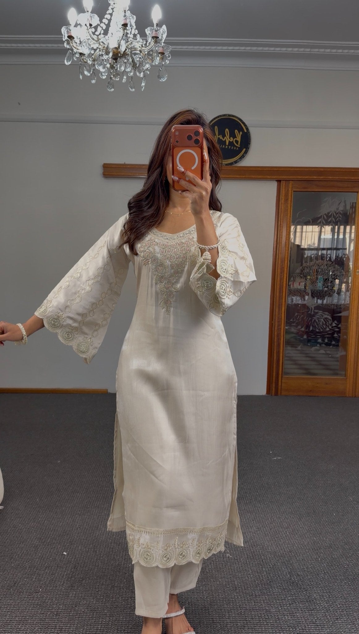 Ivory organza kurti set with gold zari scalloped embroidery and sheer dupatta displayed in mirror selfie — Behuli Australia — view 6