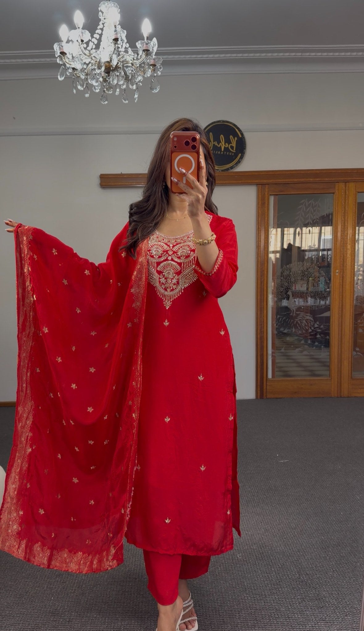 Red georgette kurti set with gold zari embroidery, cutdana beadwork neckline and matching dupatta — Behuli Australia