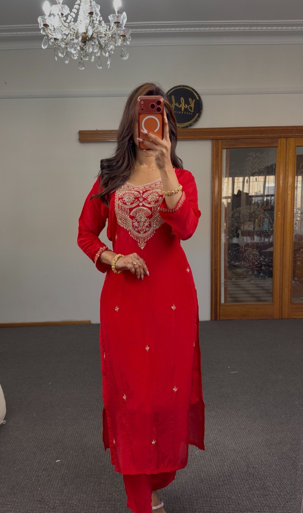 Red georgette kurti set with gold zari embroidery, cutdana beadwork neckline and matching dupatta — Behuli Australia — view 5