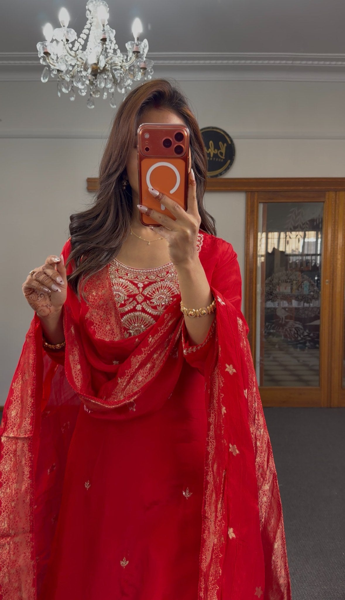 Red georgette kurti set with gold zari embroidery, cutdana beadwork neckline and matching dupatta — Behuli Australia — view 4