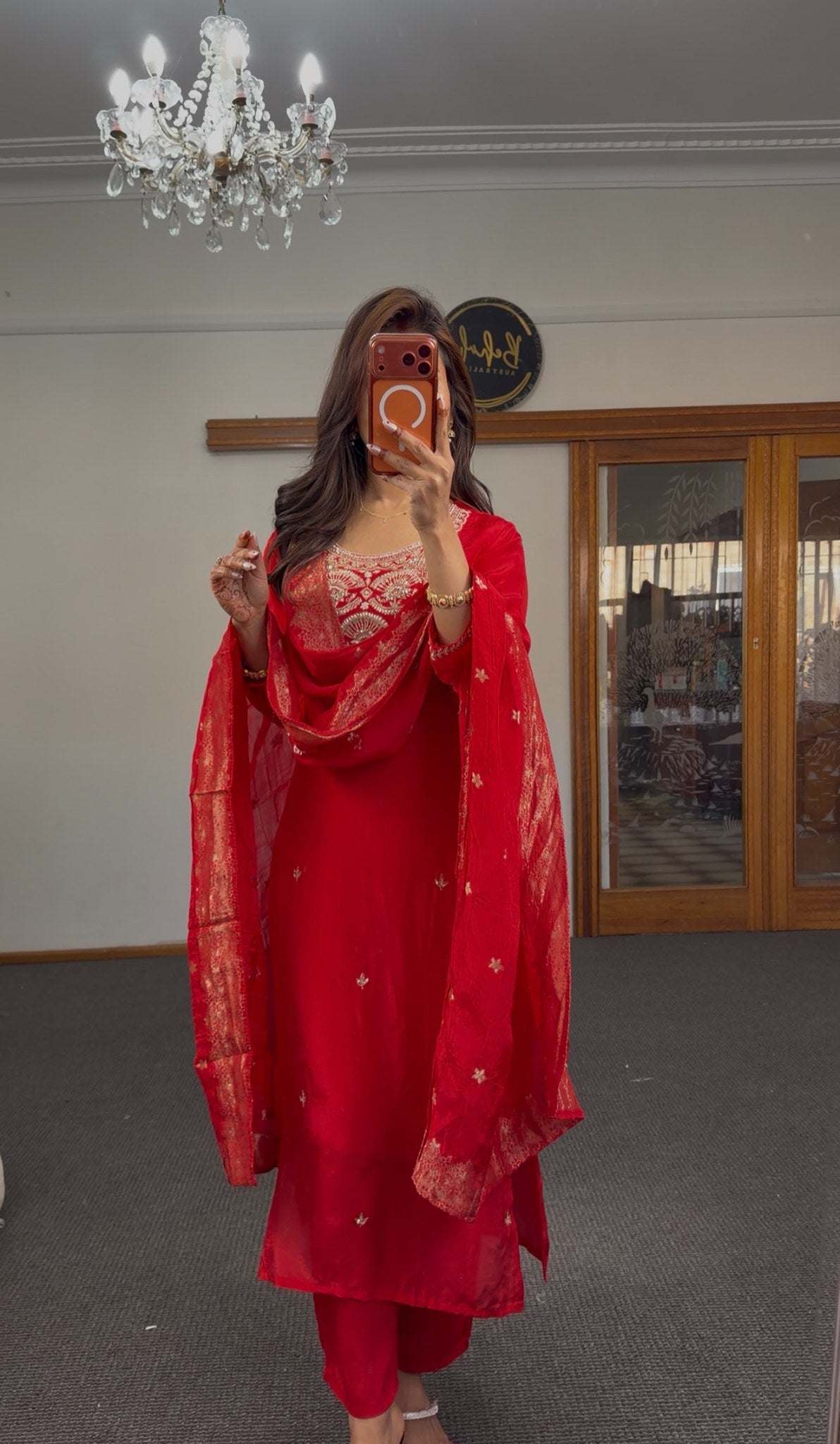 Red georgette kurti set with gold zari embroidery, cutdana beadwork neckline and matching dupatta — Behuli Australia — view 3