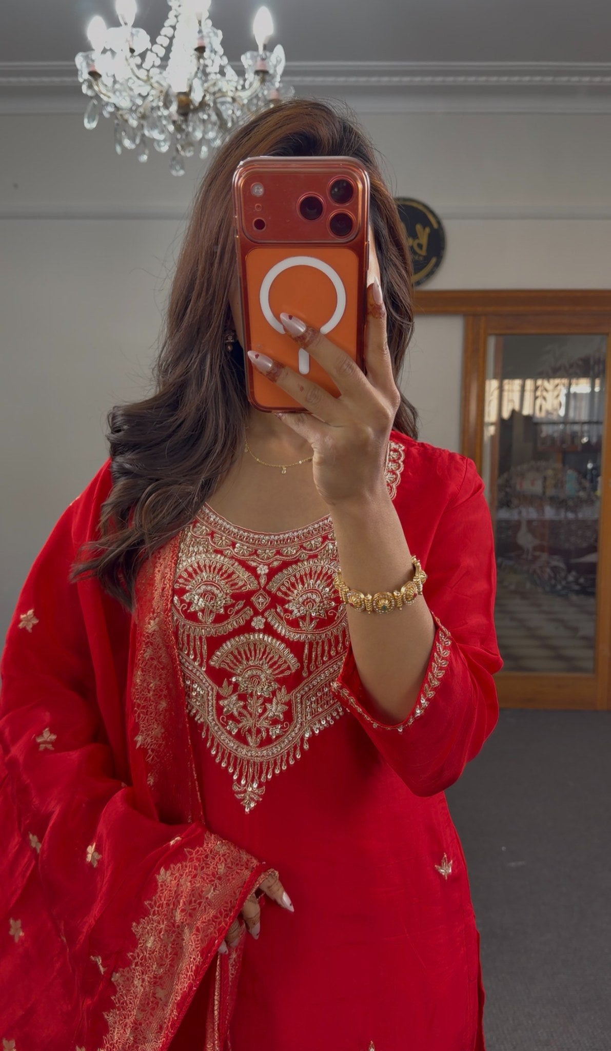 Red georgette kurti set with gold zari embroidery, cutdana beadwork neckline and matching dupatta — Behuli Australia — view 2