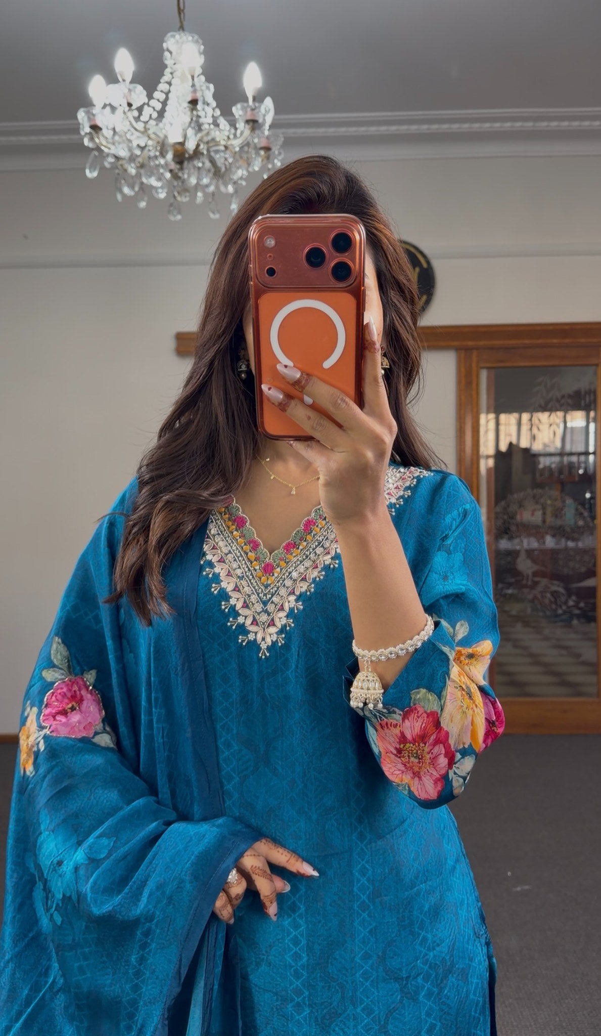 Teal blue jacquard kurti set with multicolour zari embroidery neckline and vibrant floral printed dupatta — Behuli Australia