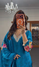 Teal Blue Jacquard Kurti Set with Floral Dupatta & Zari Neck