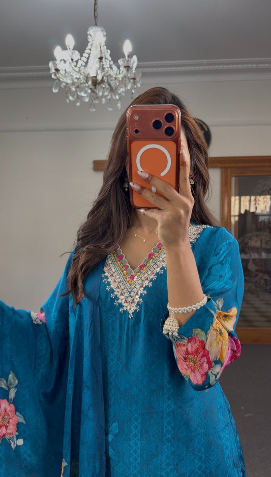 Teal blue jacquard kurti set with multicolour zari embroidery neckline and vibrant floral printed dupatta — Behuli Australia — view 2