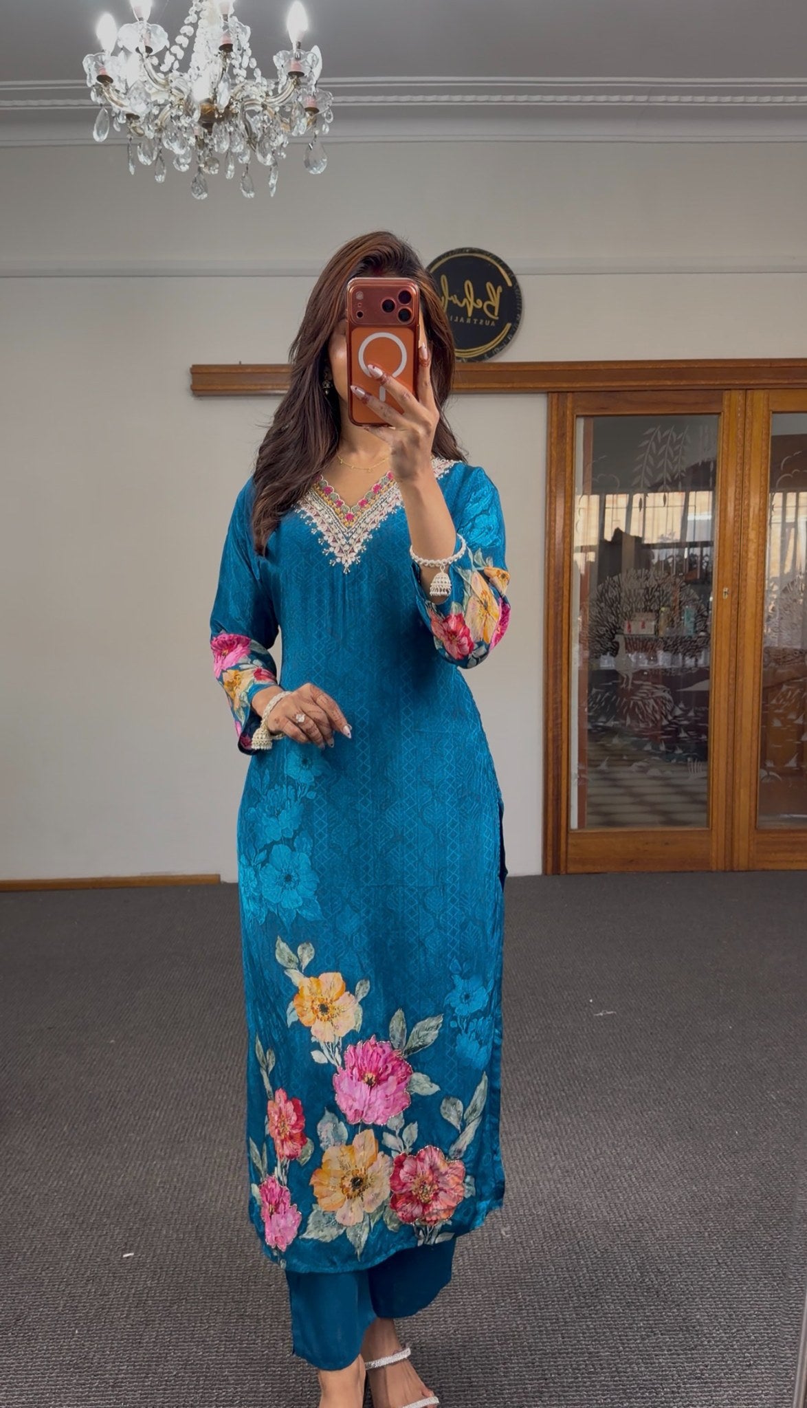 Teal blue jacquard kurti set with multicolour zari embroidery neckline and vibrant floral printed dupatta — Behuli Australia — view 3