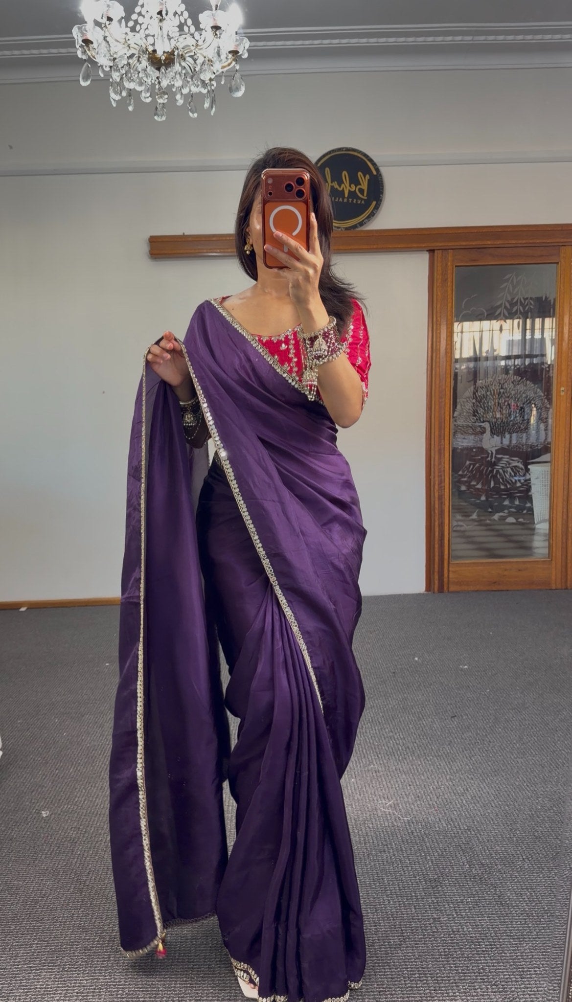 Deep purple raw silk saree with silver zari border and fuchsia pink embroidered blouse — Behuli Australia
