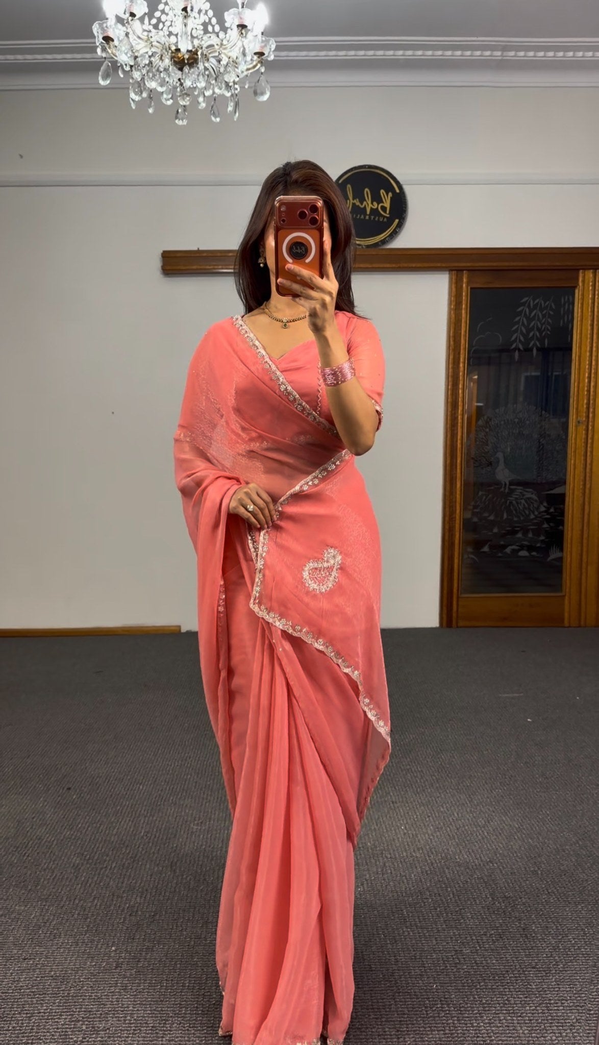 Peach georgette saree with chikankari embroidery motifs and ivory floral lace border — Behuli Australia