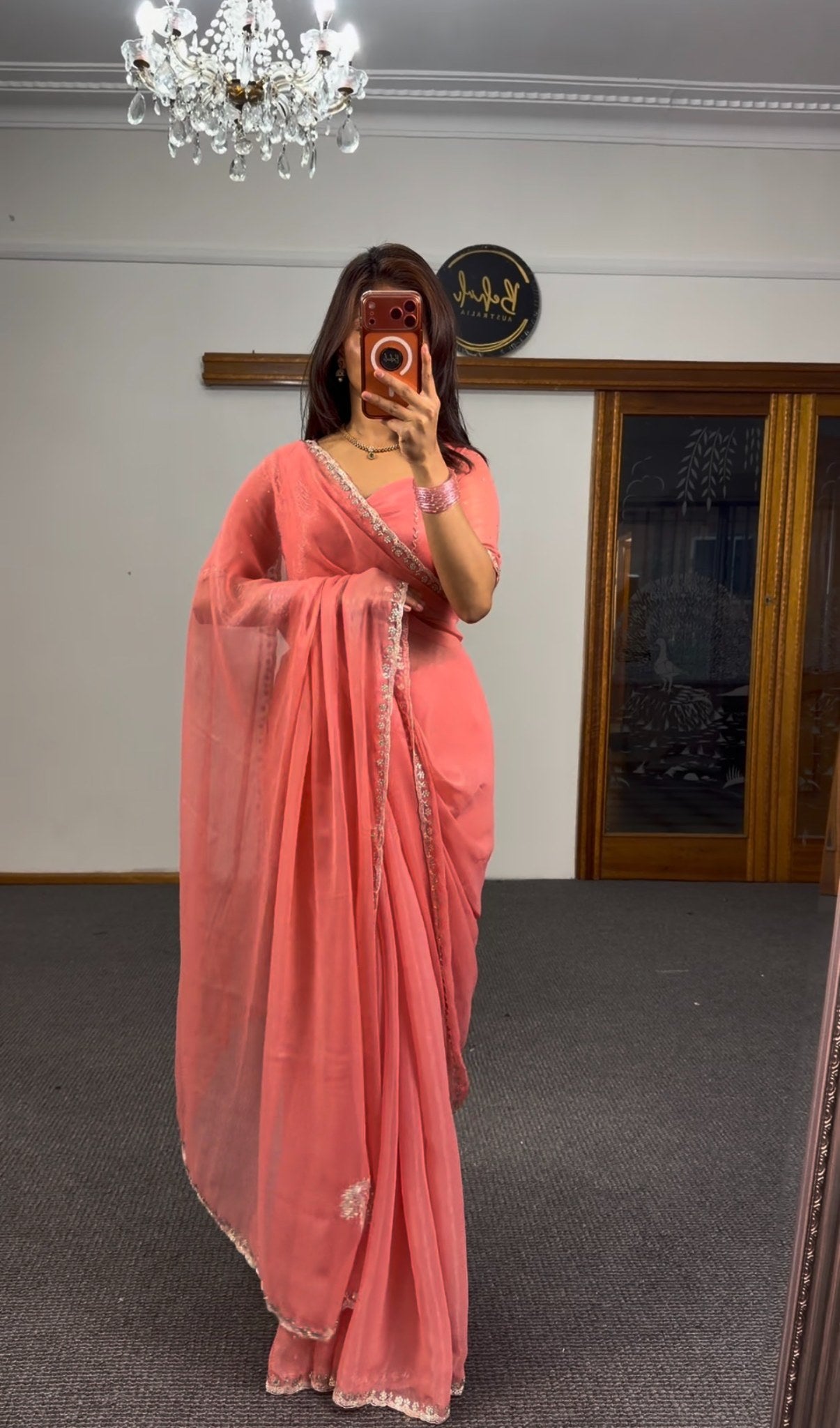 Peach georgette saree with chikankari embroidery motifs and ivory floral lace border — Behuli Australia — view 2