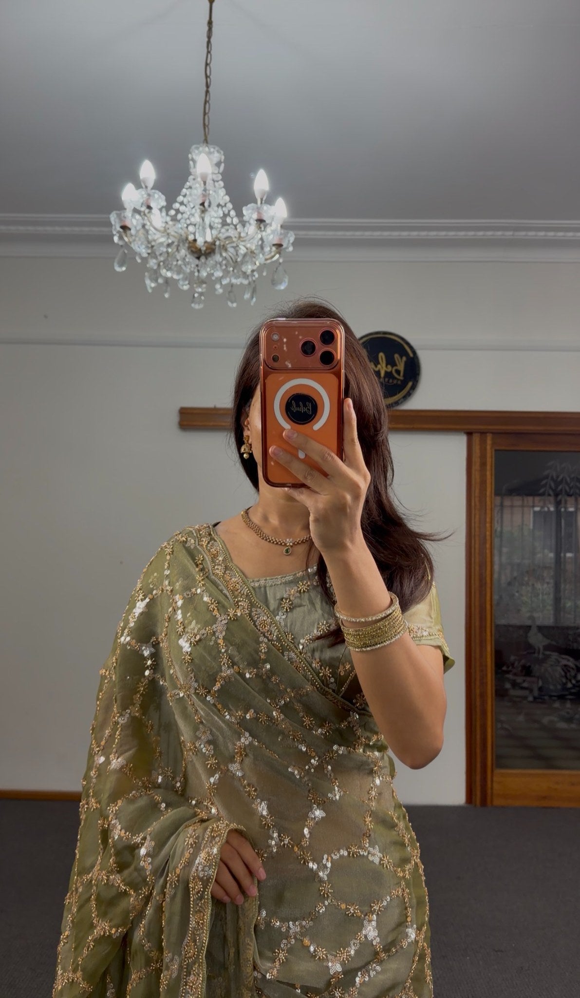 Sage green silk saree with all-over gold sequin zari geometric jaal embroidery and matching blouse — Behuli Australia — view 2