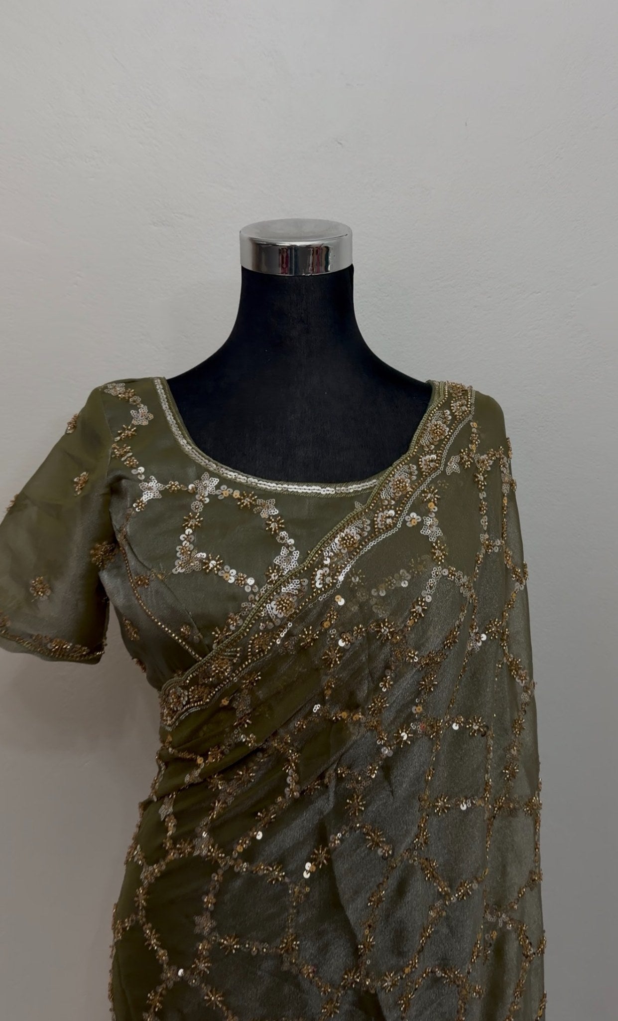 Sage green silk saree with all-over gold sequin zari geometric jaal embroidery and matching blouse — Behuli Australia — view 3