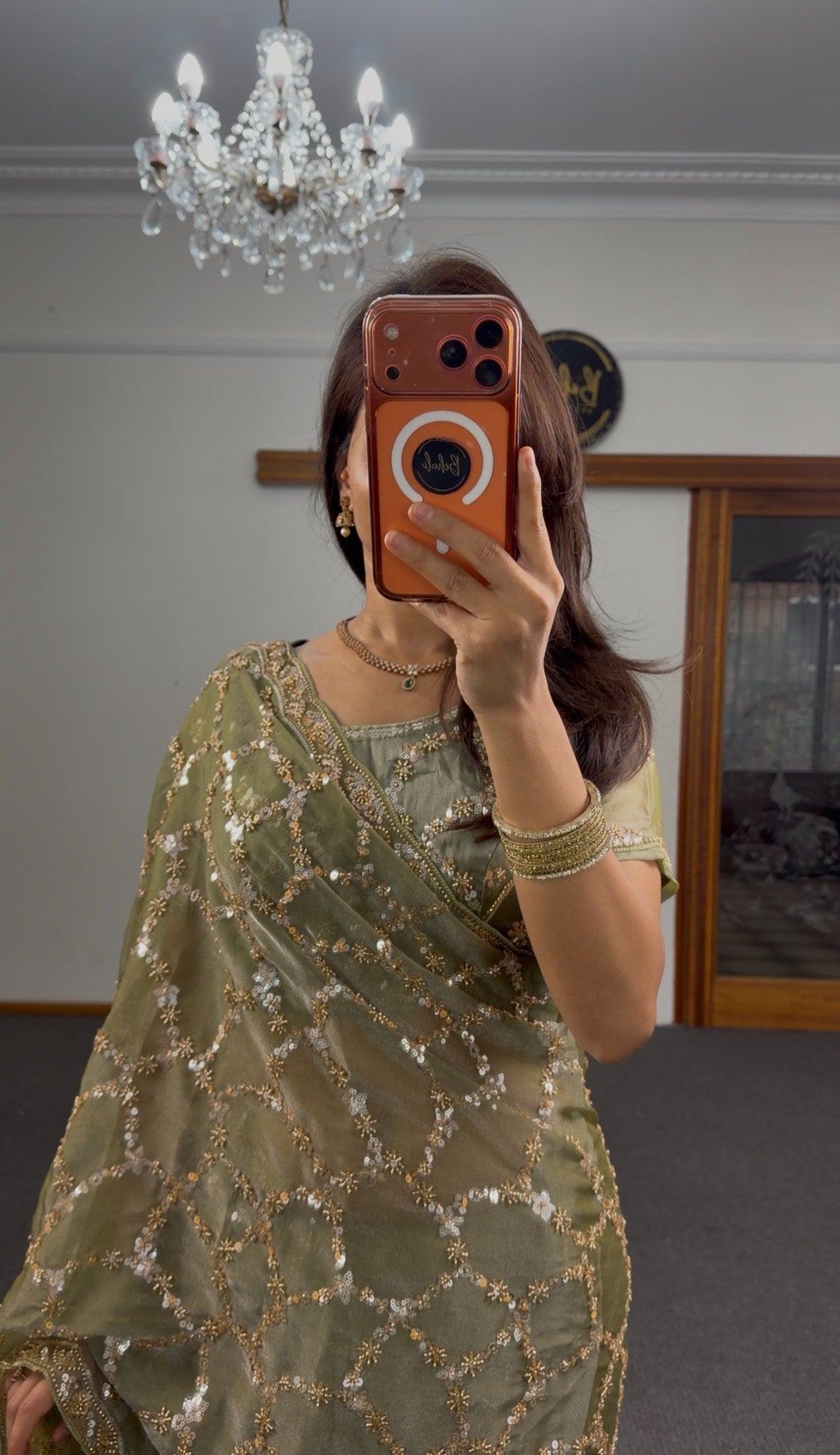 Sage green silk saree with all-over gold sequin zari geometric jaal embroidery and matching blouse — Behuli Australia — view 4