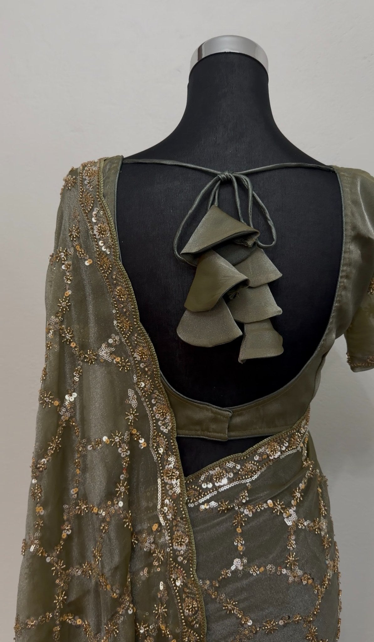 Sage green silk saree with all-over gold sequin zari geometric jaal embroidery and matching blouse — Behuli Australia — view 6