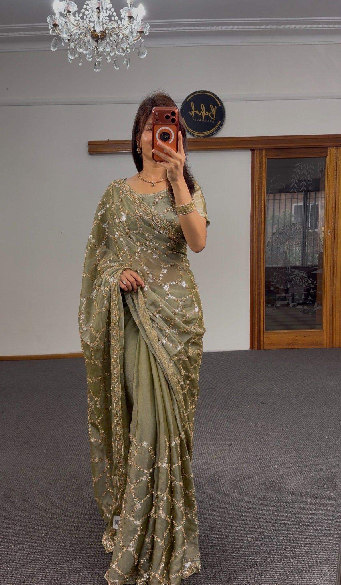 Sage green silk saree with all-over gold sequin zari geometric jaal embroidery and matching blouse — Behuli Australia — view 5