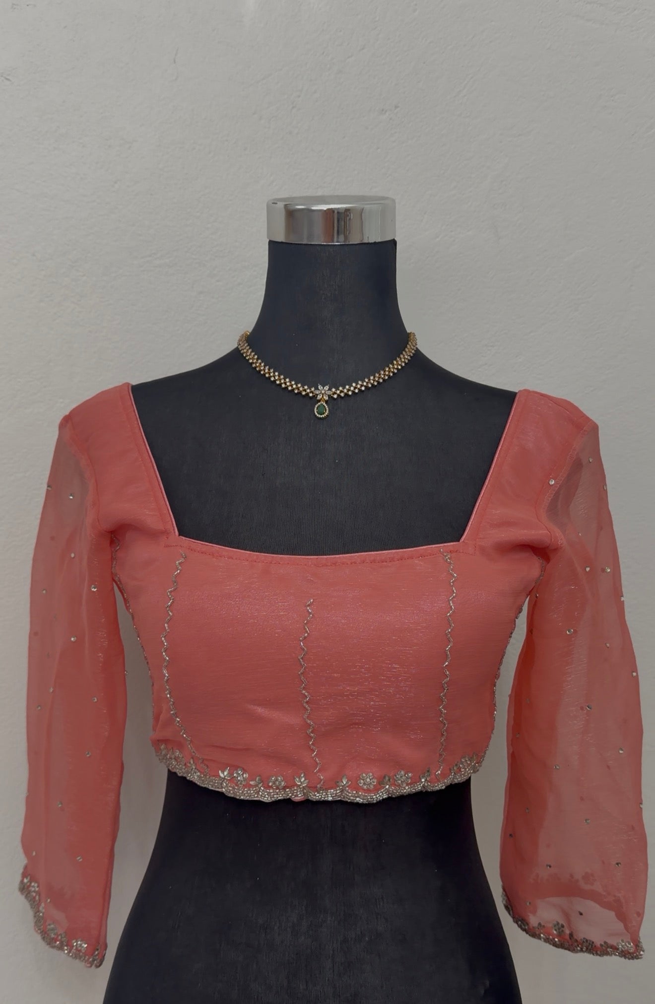 Peach georgette saree with chikankari embroidery motifs and ivory floral lace border — Behuli Australia — view 4