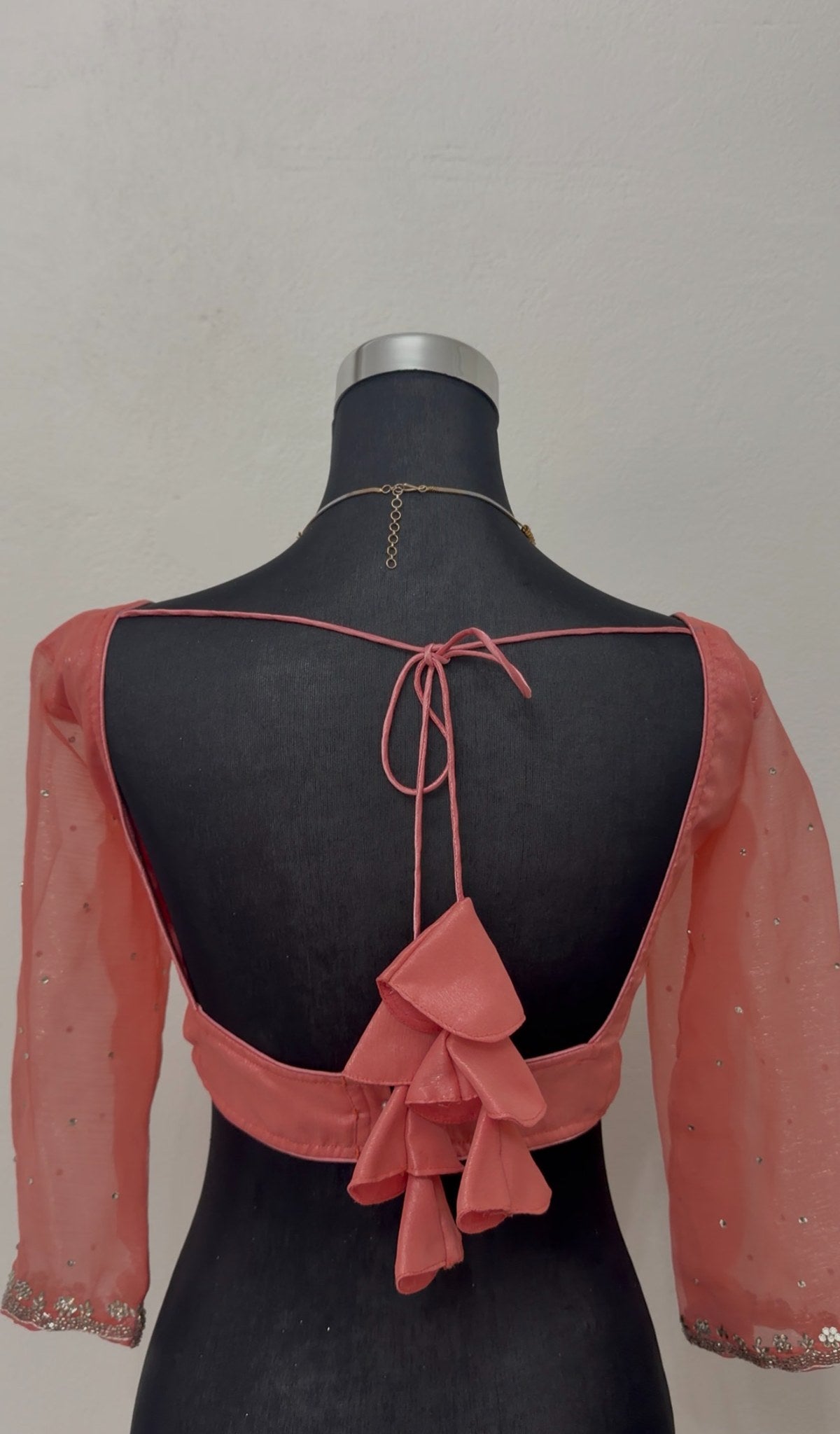 Peach georgette saree with chikankari embroidery motifs and ivory floral lace border — Behuli Australia — view 6